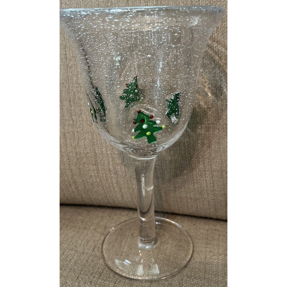 Hand Blown Christmas Tree Holiday Christmas 6 Goblets Glasses Heavyweight